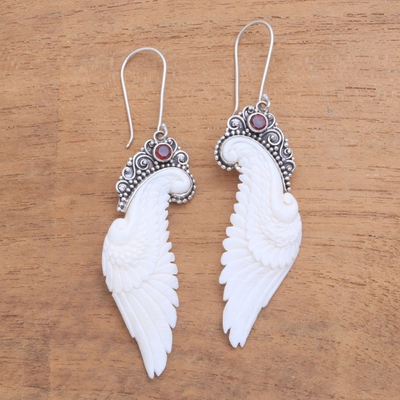 Garnet and bone dangle earrings, 'Free Angel' - Garnet and Bone Wing Dangle Earrings from Bali