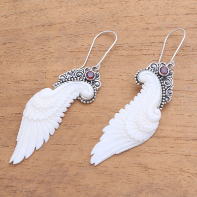 Garnet and bone dangle earrings, 'Free Angel' - Garnet and Bone Wing Dangle Earrings from Bali