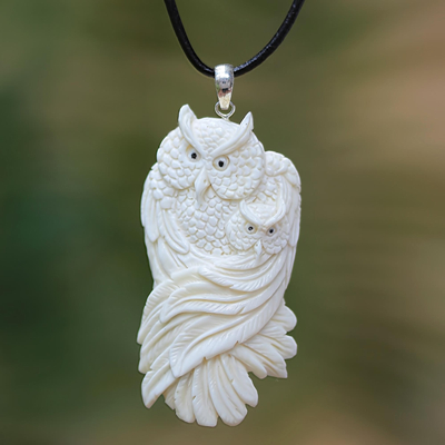 Bone pendant necklace, 'Owl Affection' - Mother and Child Bone Owl Pendant Necklace from Bali