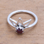 Garnet cocktail ring, 'Lotus Crown' - Crown Motif Garnet Cocktail Ring from Bali