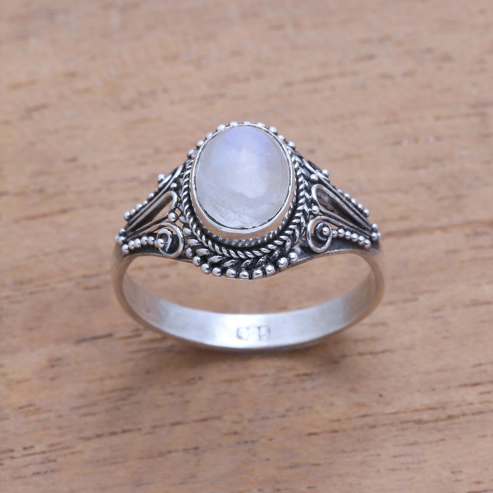Handmade Rainbow Moonstone Single-Stone Ring from Bali, 'Princess Gem'