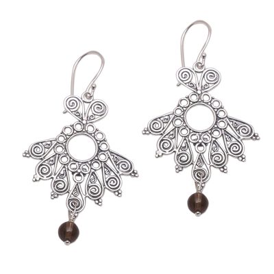 Smoky quartz dangle earrings, 'Serenity Swirls' - Spiral Motif Smoky Quartz Dangle Earrings from Bali