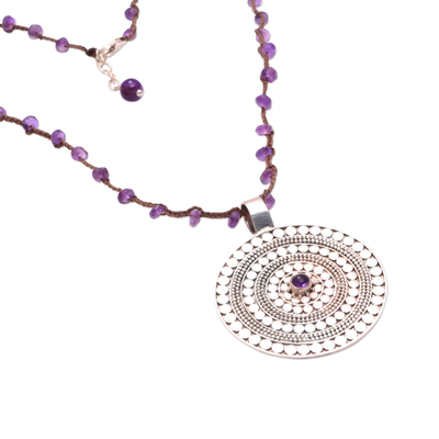 Amethyst pendant necklace, 'Purple Shield' - Amethyst and Sterling Silver Pendant Necklace from Bali