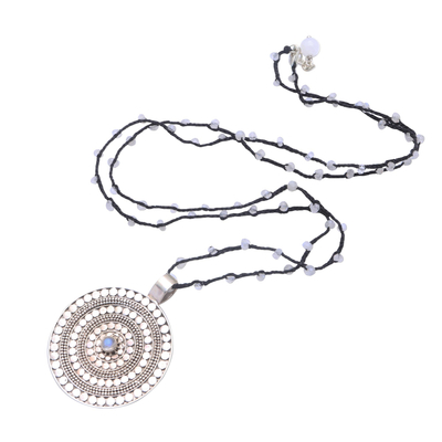 Rainbow moonstone beaded pendant necklace, 'Pebble Shield' - Rainbow Moonstone Beaded Pendant Necklace from Bali