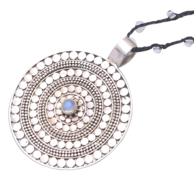 Rainbow moonstone beaded pendant necklace, 'Pebble Shield' - Rainbow Moonstone Beaded Pendant Necklace from Bali