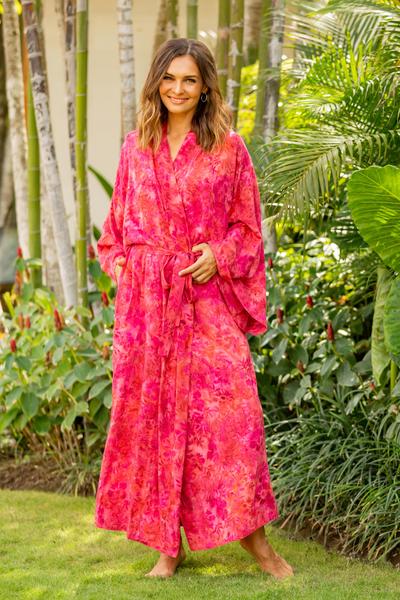 Batik rayon robe, 'Spa Day Batik' - Batik Rayon Robe in Rose and Berry Pink from Bali
