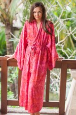 Batik rayon robe, 'Spa Day Batik' - Batik Rayon Robe in Rose and Berry Pink from Bali