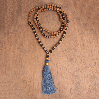 Smoky quartz beaded long necklace, 'Batuan Harmony' - 22k Gold Plated Smoky Quartz Beaded Necklace from Bali