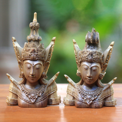 Wood sculptures, 'Hindu Lovers' (pair) - Hand-Carved Rama and Sita Sculptures from Indonesia (Pair)
