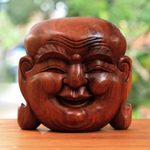 Wood mask, 'Delighted Buddha Face' - Suar Wood Handcrafted Large Mask of Happy Laughing Buddha