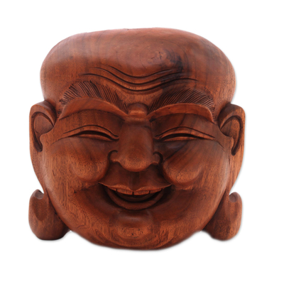 Holzmaske - Handgefertigte große Maske des glücklich lachenden Buddha aus Suar-Holz