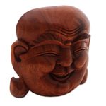 Wood mask, 'Delighted Buddha Face' - Suar Wood Handcrafted Large Mask of Happy Laughing Buddha