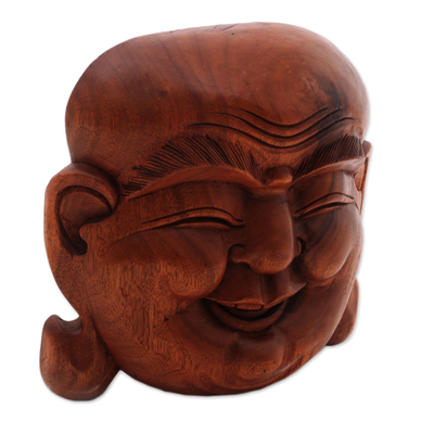 Wood mask, 'Delighted Buddha Face' - Suar Wood Handcrafted Large Mask of Happy Laughing Buddha