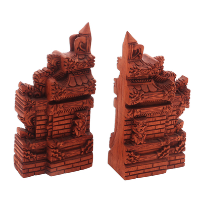 Wood bookends, 'Gapura Gaze' (7.5 inch) - Hand-Carved Cultural Suar Wood Bookends from Bali (7.5 in.)
