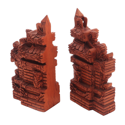 Wood bookends, 'Gapura Gaze' (7.5 inch) - Hand-Carved Cultural Suar Wood Bookends from Bali (7.5 in.)