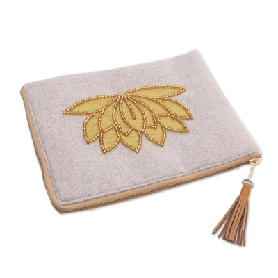 Leather-accented glass beaded jute coin purse, 'God's Grace in Bone' - Floral Embellished Jute Coin Purse in Bone from Java