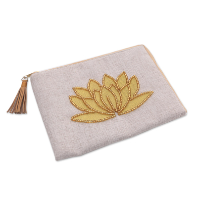 Leather-accented glass beaded jute coin purse, 'God's Grace in Bone' - Floral Embellished Jute Coin Purse in Bone from Java