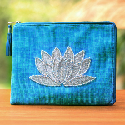 Leather-accented glass beaded jute coin purse, 'God's Grace in Sky Blue' - Floral Embellished Jute Coin Purse in Sky Blue from Java