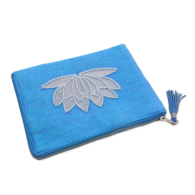 Leather-accented glass beaded jute coin purse, 'God's Grace in Sky Blue' - Floral Embellished Jute Coin Purse in Sky Blue from Java