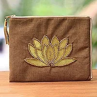 Leather-accented glass beaded jute coin purse, 'God's Grace in Tan' - Floral Embellished Jute Coin Purse in Tan from Java