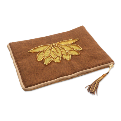 Leather-accented glass beaded jute coin purse, 'God's Grace in Tan' - Floral Embellished Jute Coin Purse in Tan from Java