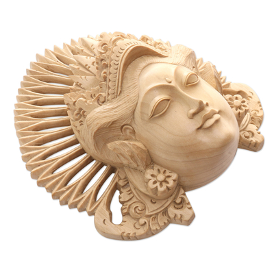 Wood mask, 'Beautiful Janger' - Hand-Carved Wood Mask of a Janger Dancer from Indonesia
