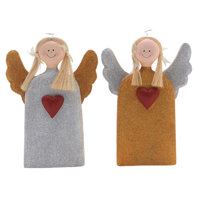 Wood statuettes, 'Love Angels' (pair) - Gold and Silver Wood Angel Statuettes from Bali (Pair)