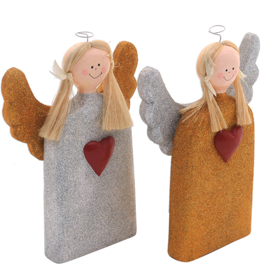 Wood statuettes, 'Love Angels' (pair) - Gold and Silver Wood Angel Statuettes from Bali (Pair)