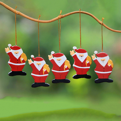 Wood ornaments, 'Waving Santa' (set of 5) - Hand-Painted Wood Santa Ornaments from Bali (Set of 5)