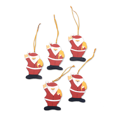 Holzornamente, (5er-Set) - Handbemalte Weihnachtsmann-Ornamente aus Bali (5er-Set)