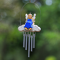 Wood wind chime, 'Angel Tune in Blue' - Angel-Themed Wood Wind Chime in Blue from Bali