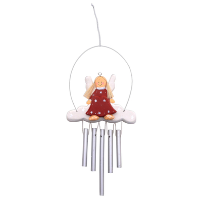 Wood wind chimes, 'Angel Tune in Red' - Angel-Themed Wood Wind Chimes in Red from Bali