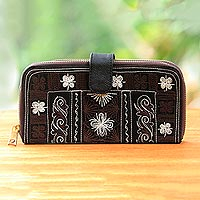 Cotton clutch, 'Sabang Flower in Brown' - Embroidered Handwoven Brown Cotton Floral Clutch