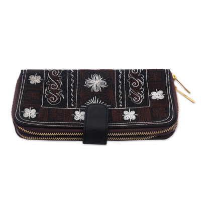 Cotton clutch, 'Sabang Flower in Brown' - Embroidered Handwoven Brown Cotton Floral Clutch