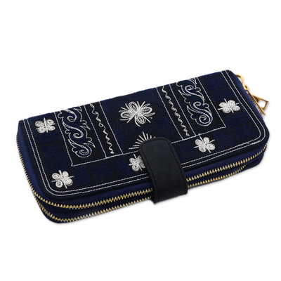 Embroidered cotton clutch, 'Sabang Flower in Navy' - Navy Blue Handwoven Embroidered Cotton Floral Clutch