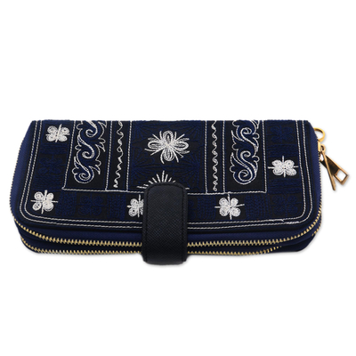 Embroidered cotton clutch, 'Sabang Flower in Navy' - Navy Blue Handwoven Embroidered Cotton Floral Clutch