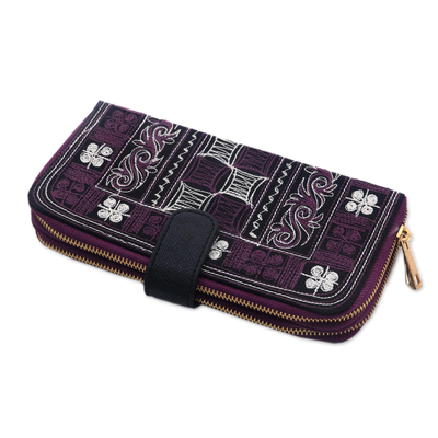 Cotton clutch, 'Sabang Flower in Purple' - Cotton and Faux Leather Handwoven Clutch Floral Clutch