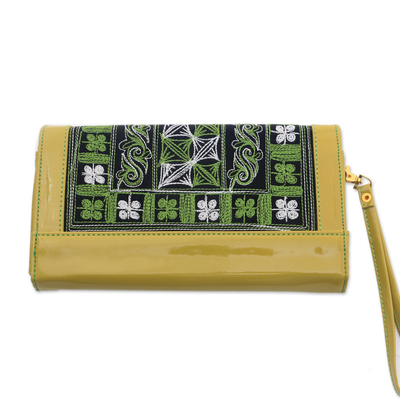 Cotton accent clutch, 'Hulumasen in Mustard' - Handwoven Mustard Yellow Faux Leather and Embroidered Clutch