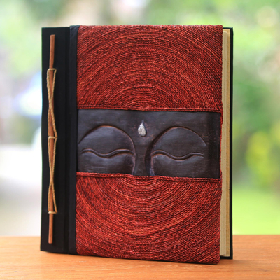 Wood and natural fiber photo album, 'Buddha's Eyes in Red' - Buddha-Themed Wood and Natural Fiber Photo Album in Red