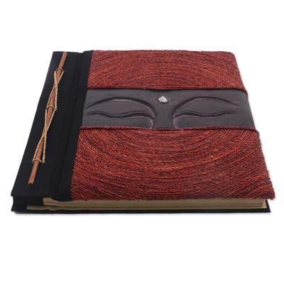 Wood and natural fiber photo album, 'Buddha's Eyes in Red' - Buddha-Themed Wood and Natural Fiber Photo Album in Red
