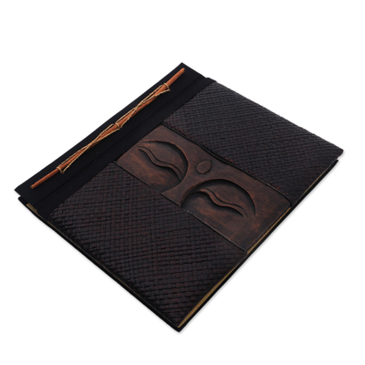 Álbum de fotos de madera y fibras naturales - Álbum de fotos de fibra natural y madera con temática de Buda en marrón