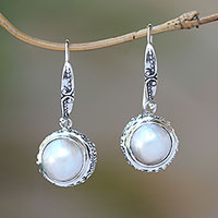 Cultured pearl dangle earrings, 'Temple in Moonlight' - Sterling Silver and White Cultured Pearl Dangle Earrings