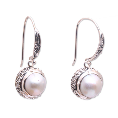 Cultured pearl dangle earrings, 'Temple in Moonlight' - Sterling Silver and White Cultured Pearl Dangle Earrings