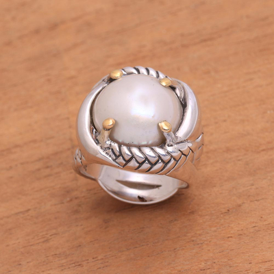 Gold accented cultured pearl cocktail ring, Serpent Embrace
