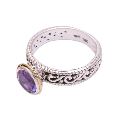 Gold accent amethyst cocktail ring, 'Evening Garden' - Openwork Sterling Silver and Amethyst Faceted Cocktail Ring