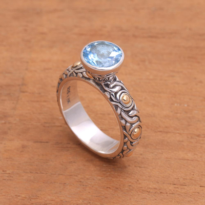 Gold accent blue topaz cocktail ring, 'Blue Floral Tea' - Sterling Silver 18k Gold Accent Blue Topaz Cocktail Ring