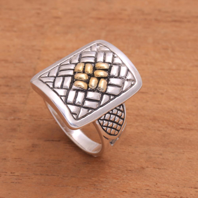 Gold accent sterling silver cocktail ring, 'Bedeg Braid' - Gold Accent Sterling Silver Weave Motif Cocktail Ring