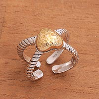 Gold accent sterling silver wrap ring, 'Brighter Love' - Sterling Silver Hammered Gold Accent Heart Wrap Ring