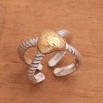 Gold accent sterling silver wrap ring, 'Brighter Love' - Sterling Silver Hammered Gold Accent Heart Wrap Ring