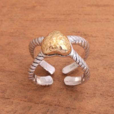 Gold accent sterling silver wrap ring, 'Brighter Love' - Sterling Silver Hammered Gold Accent Heart Wrap Ring